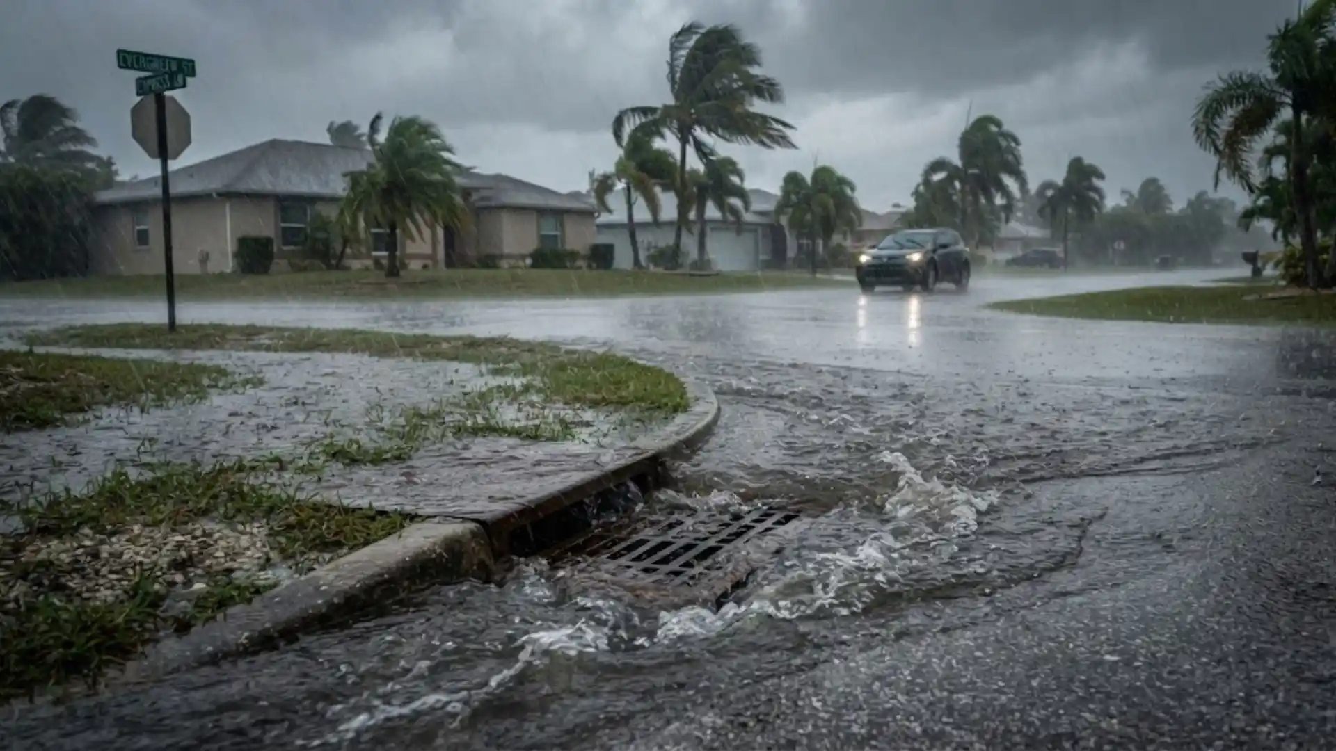 Plumber inspecting a backed-up drain line after heavy rain in Bonita Springs