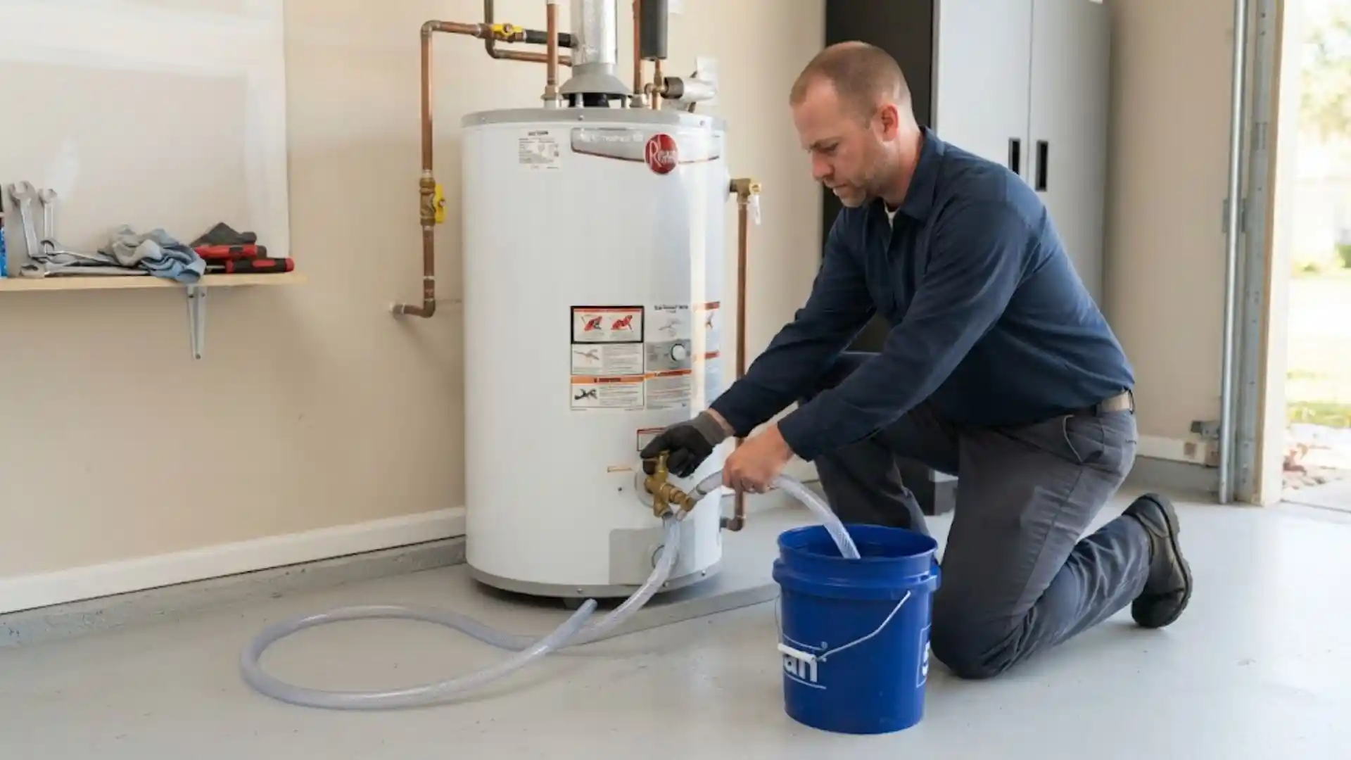 Plumber flushing a residential water heater to remove sediment in a Bonita Springs home