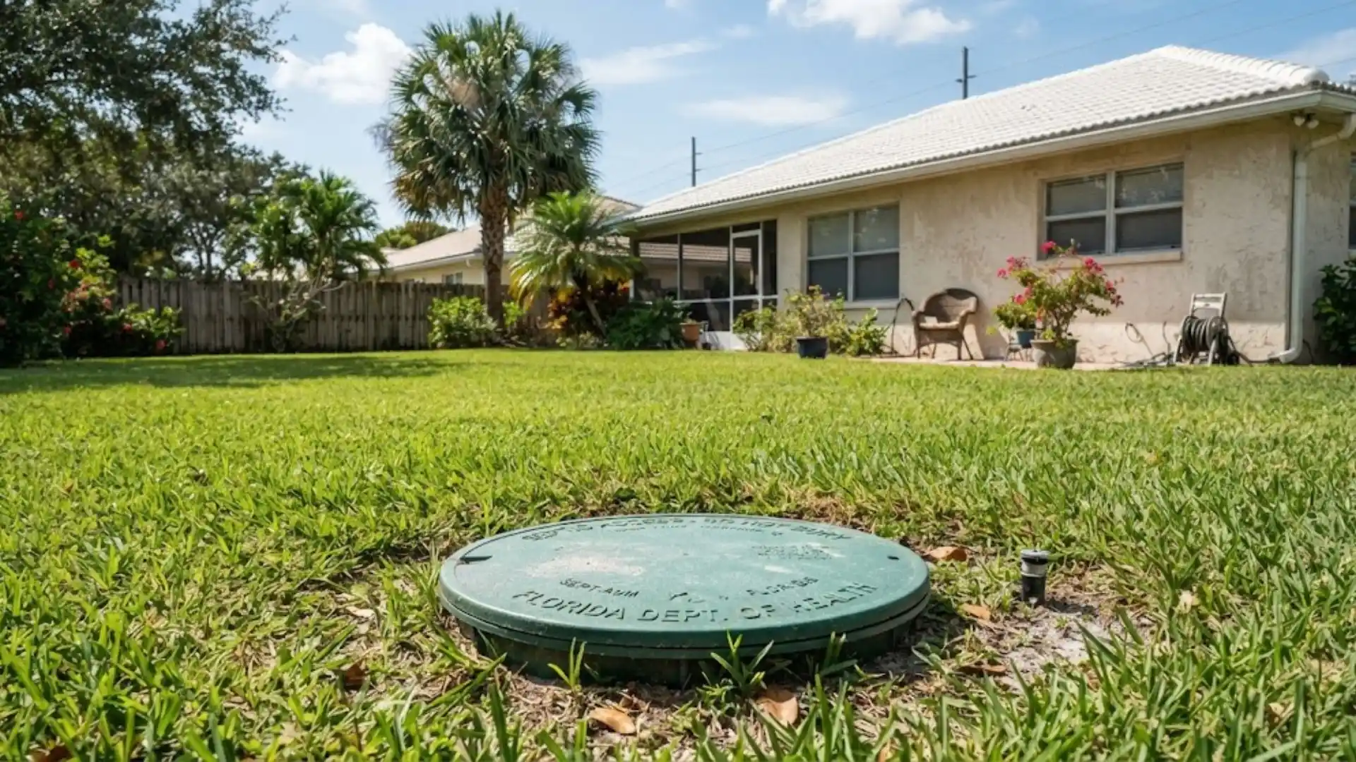Septic tank access point in a Bonita Springs yard near an older neighborhood