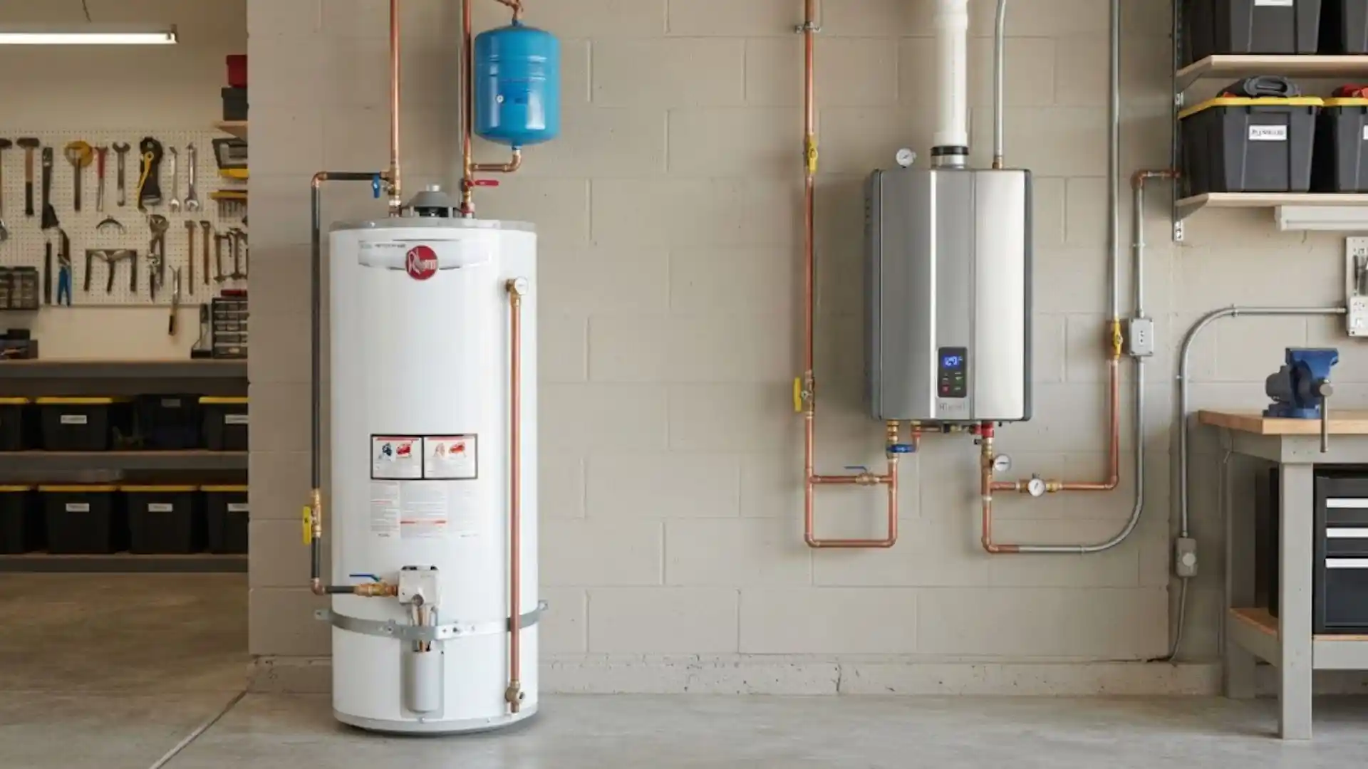 Side-by-side comparison of a tank and tankless water heater installed in a Bonita Springs home