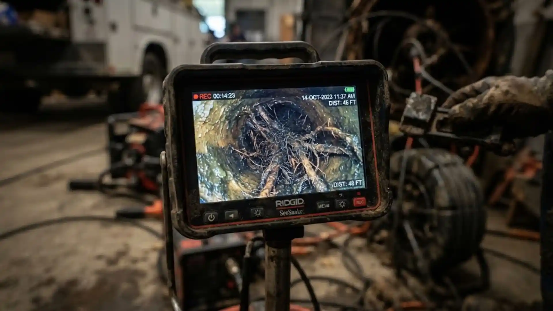 Tree root intrusion found during a sewer line camera inspection in Bonita Springs