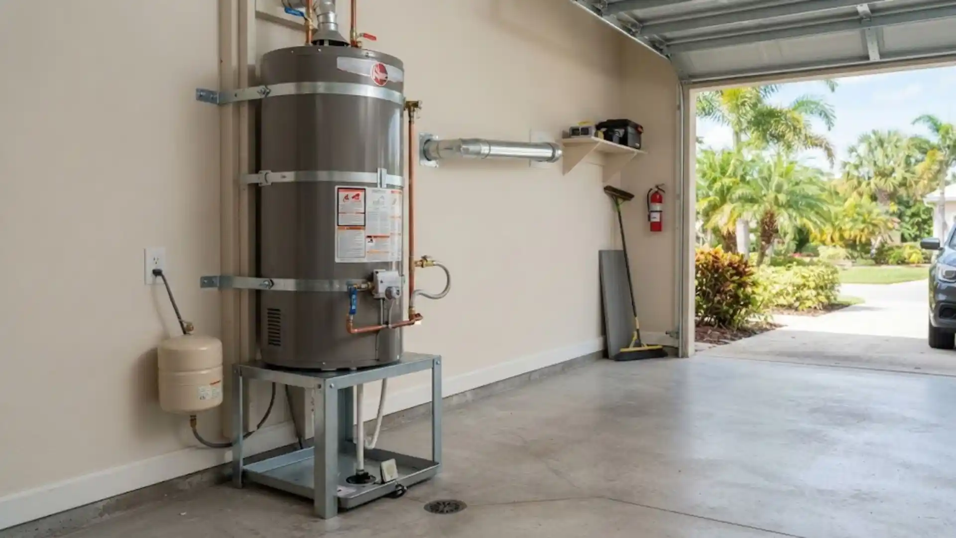 Water heater elevated on a stand in a Bonita Springs garage ahead of hurricane season