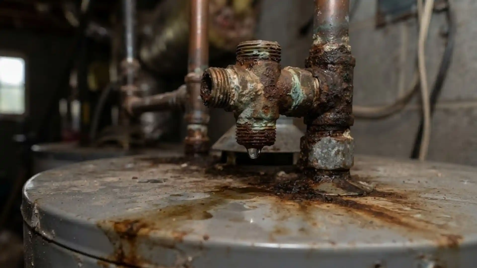 Homeowner checking a water heater showing rust and corrosion in a Bonita Springs garage