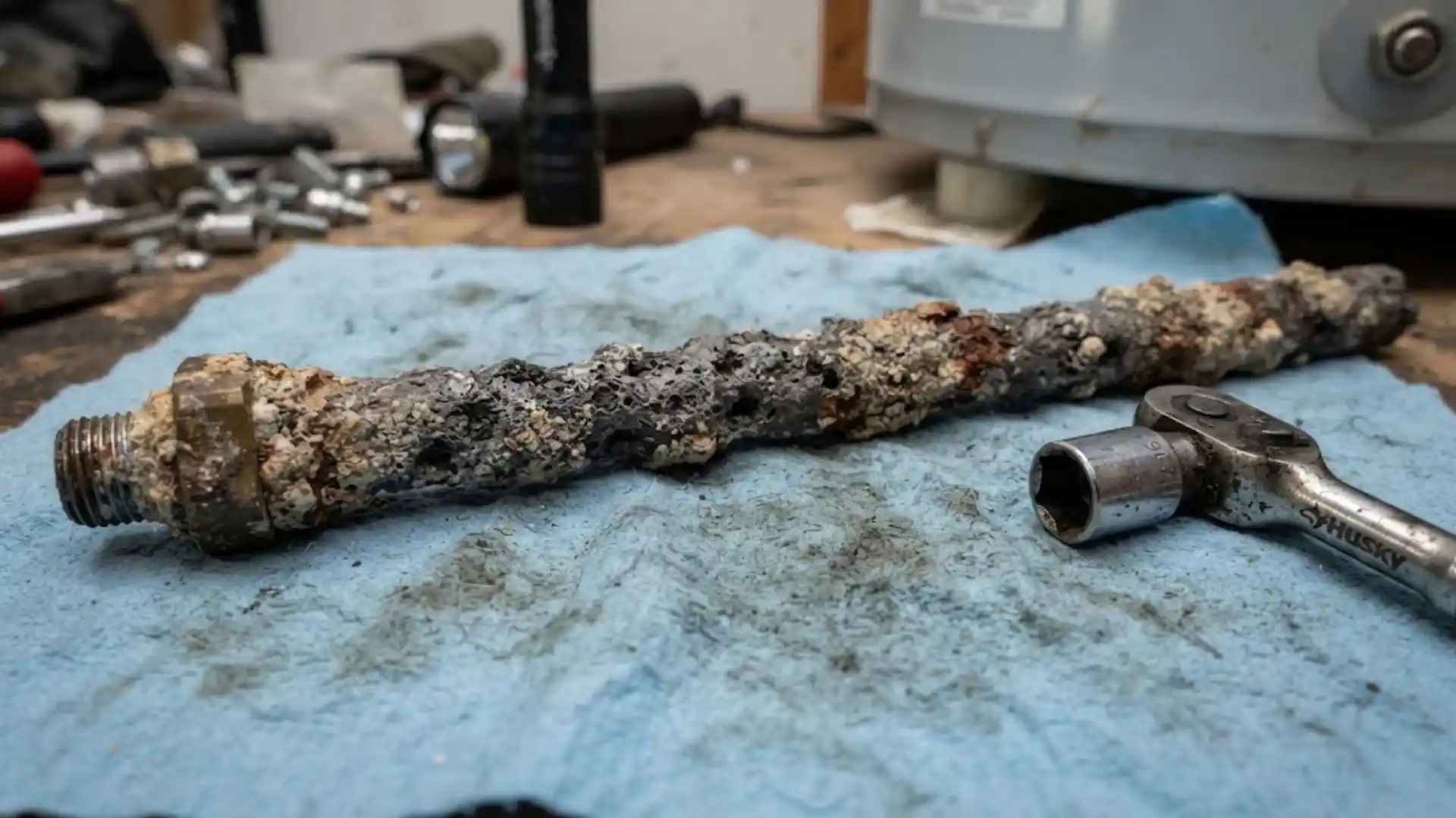 Corroded water heater fittings in a Bonita Springs home showing salt air damage