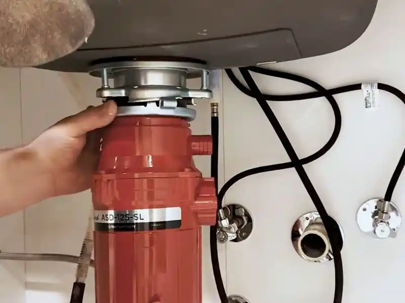 Plumber repairing a garbage disposal unit under a kitchen sink in Bonita Springs