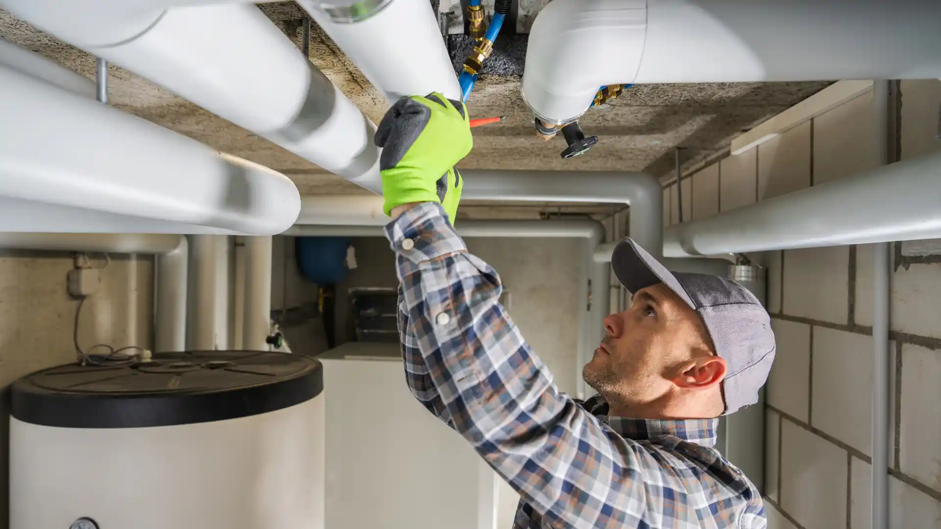 Licensed plumber inspecting a tankless water heater in a Bonita Springs garage