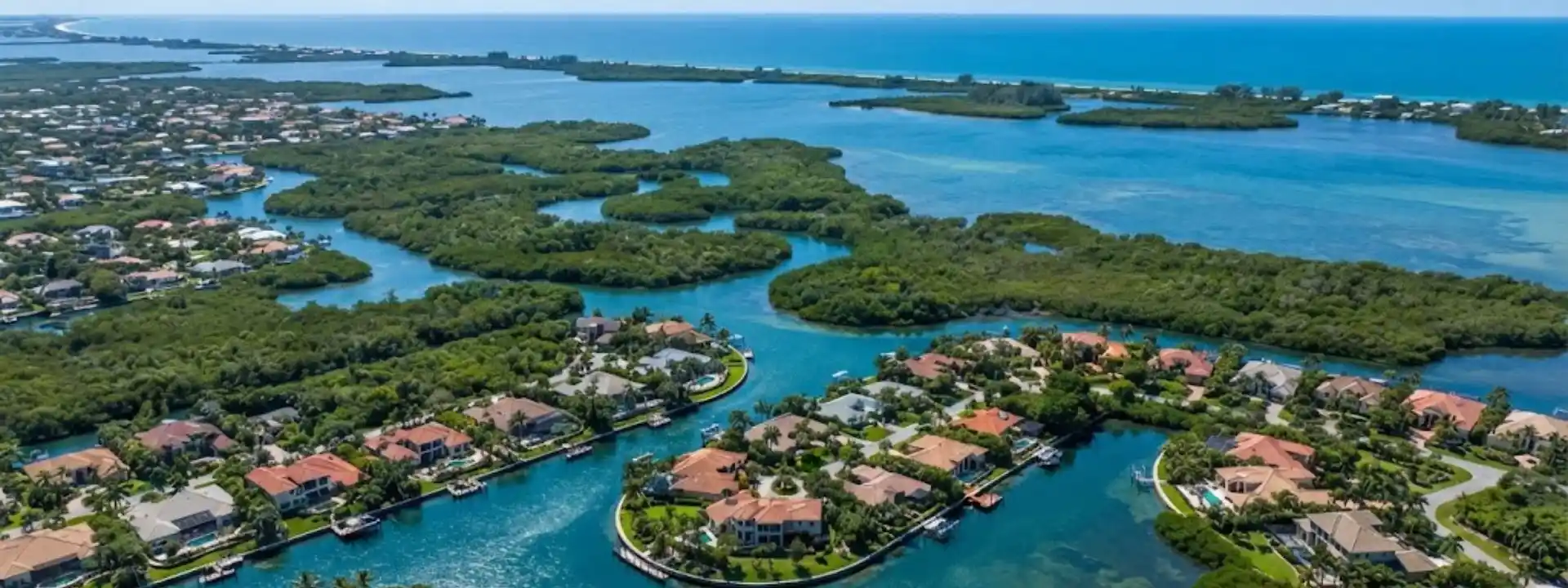 Aerial view of a Southwest Florida coastal community, representative of the Estero service area near Bonita Springs