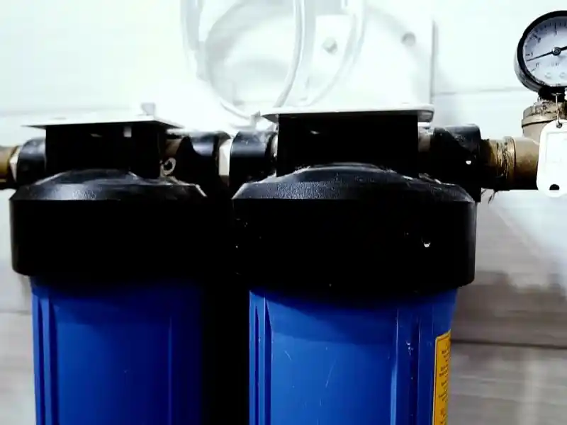 Whole-home water softener system installed in a Bonita Springs garage